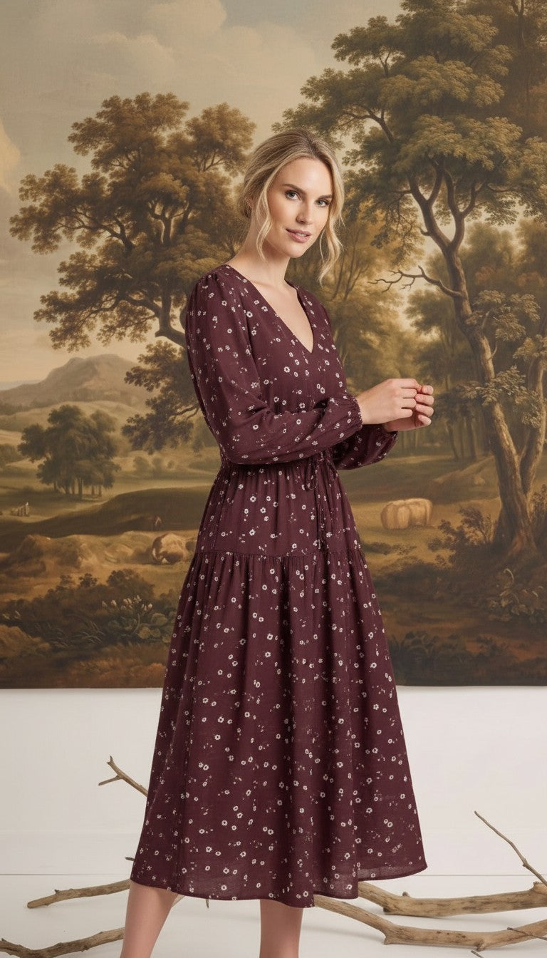 graced Audrey floral midi dress in burgundy with long sleeves, v-neckline, and flowy skirt worn by a blonde model