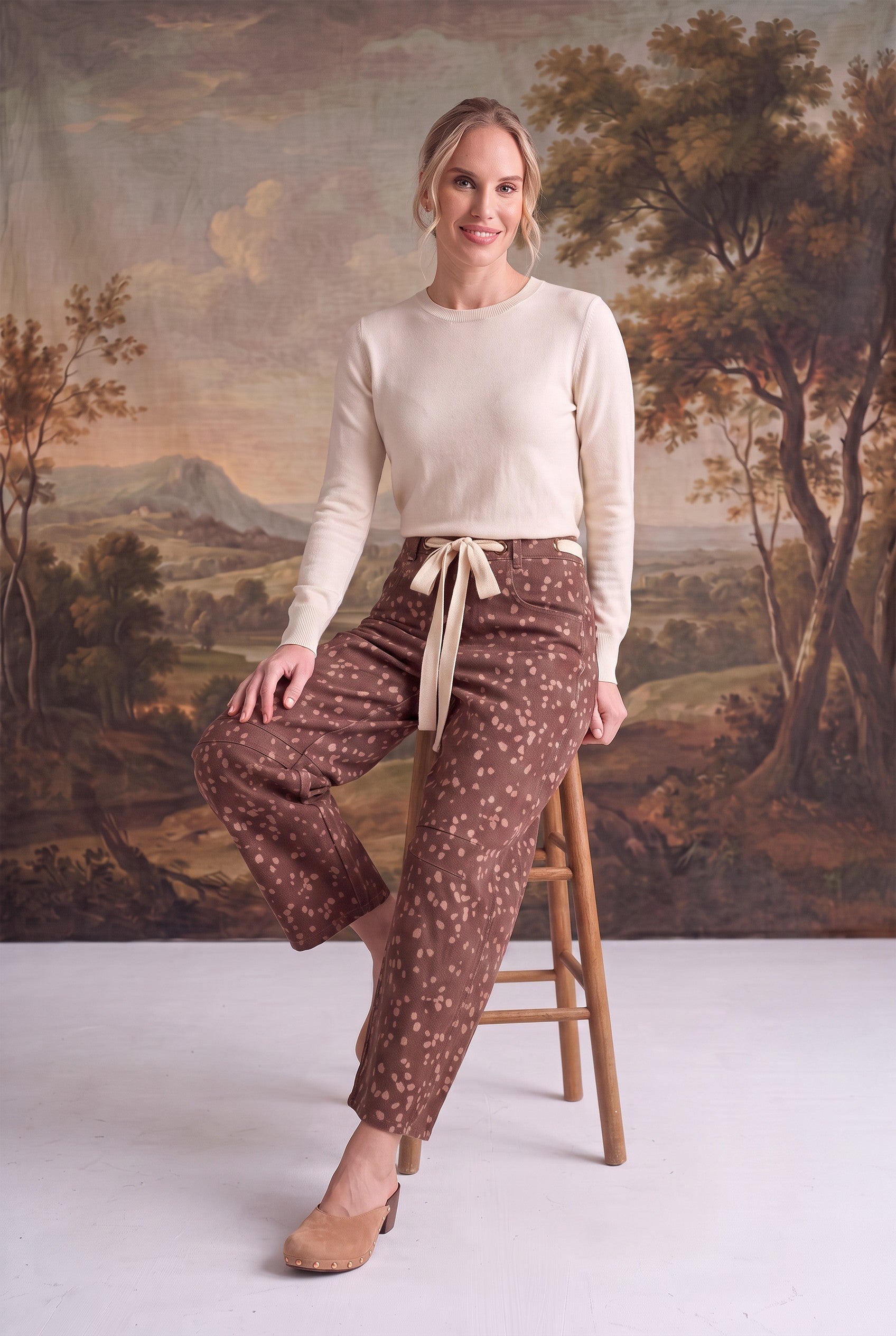 graced Waist Bow Tie Bambi Print Barrel Pants in chocolate brown with spotted pattern and contrasting waist tie