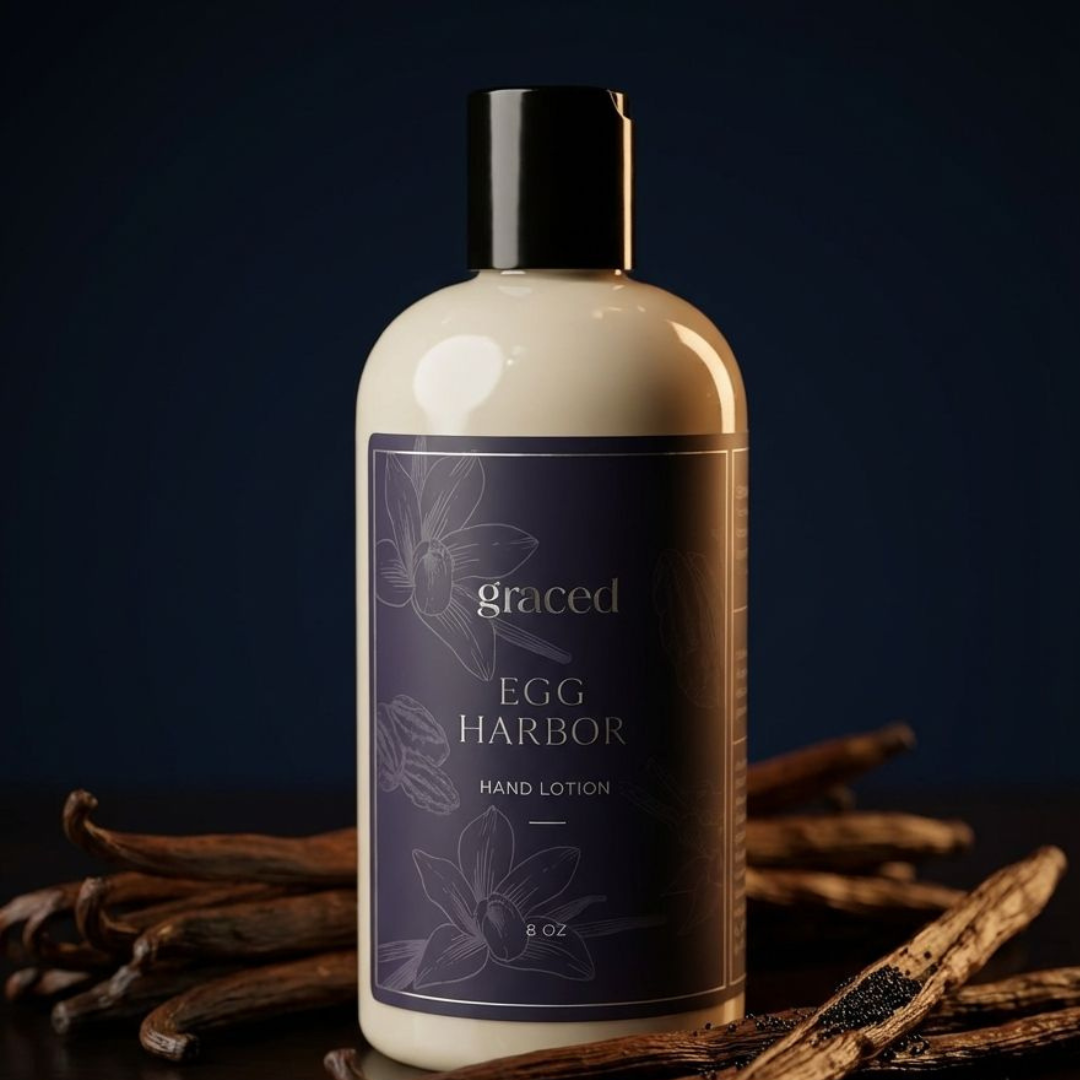 Bottle of 'graced Egg Harbor' hand lotion with vanilla beans on a dark background