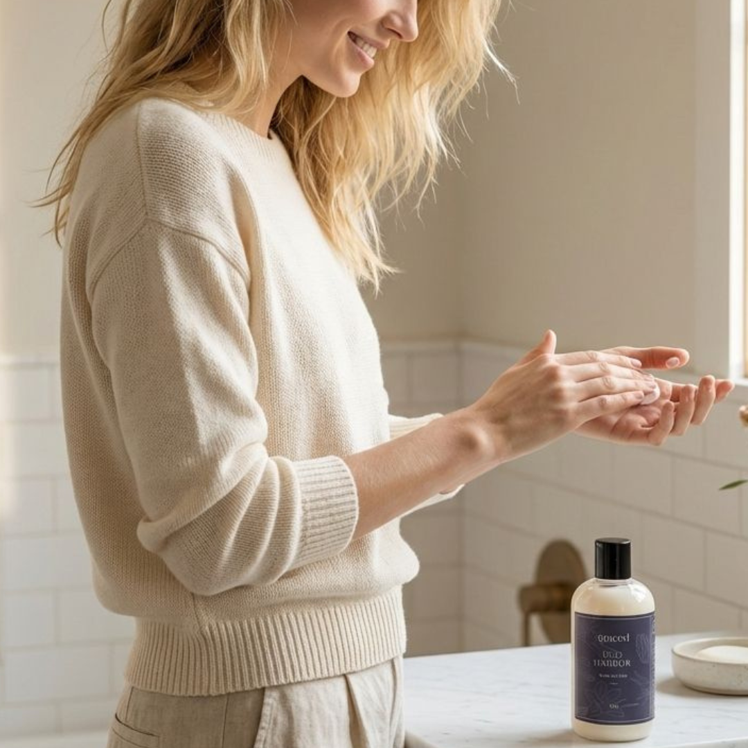 Woman applying soap to her hands in a bathroom setting with a bottle of soap on the counter.