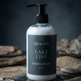 Graced Lake Life hand lotion in a sleek pump bottle, perfect for moisturizing skin with a fresh, calming scent.