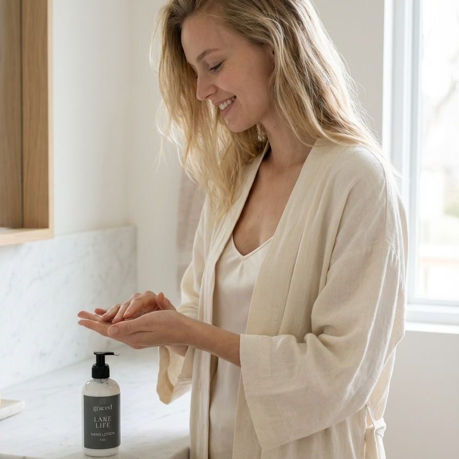 Graced Lake Life hand lotion in a sleek bottle, featuring natural ingredients and a refreshing, ocean-inspired scent.