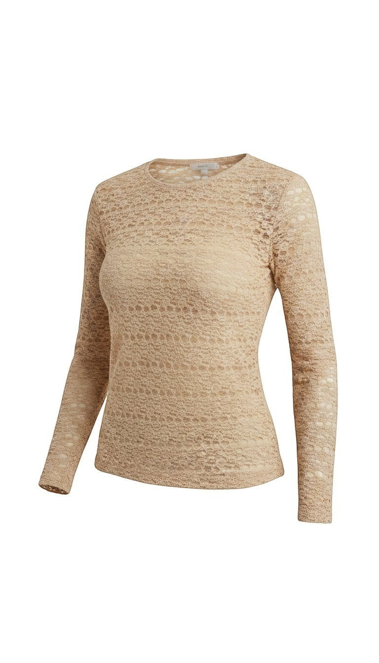 Beige floral lace knit top by Forte featuring delicate lace details and a fitted knit design, perfect for casual or dressy occasions.