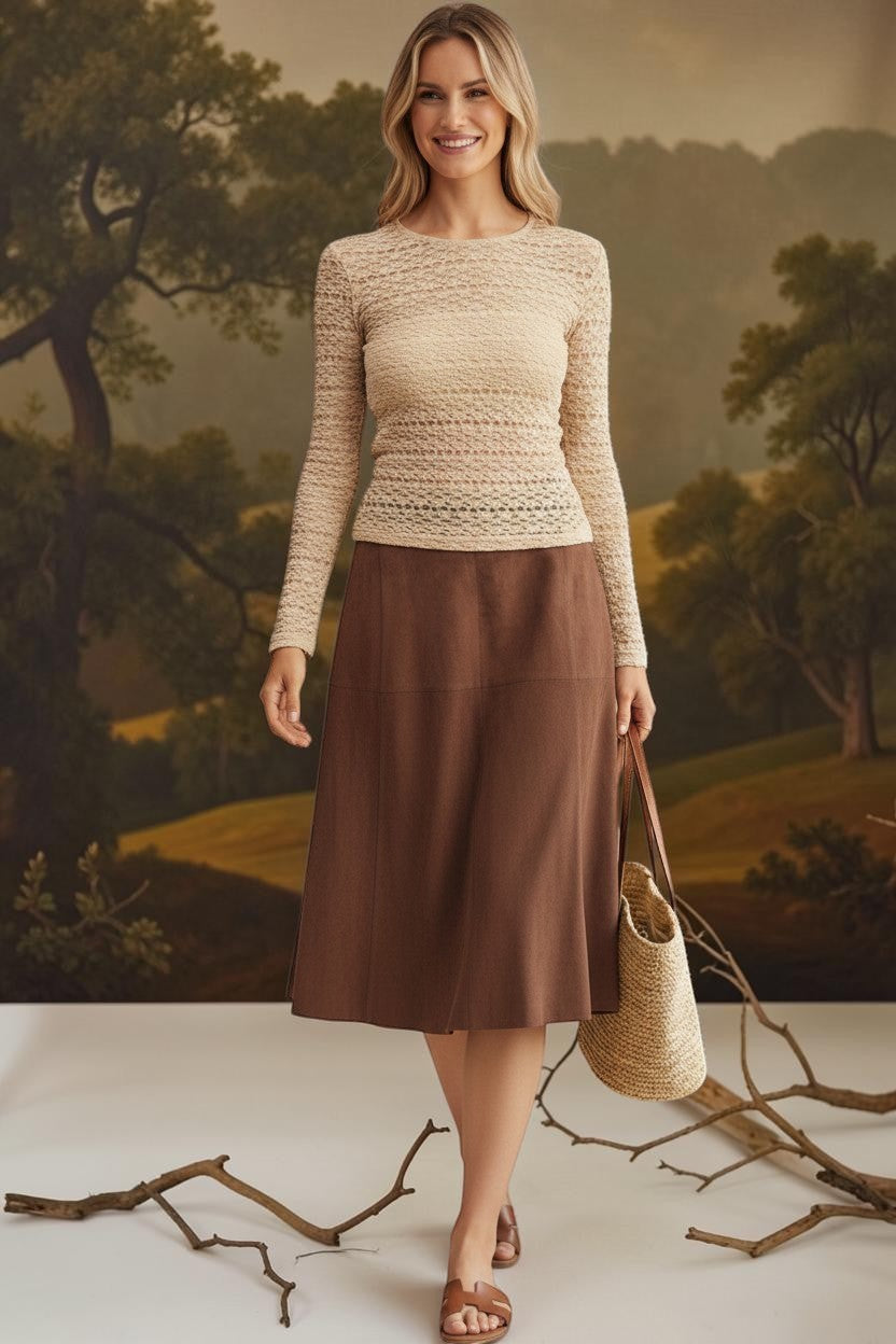 Beige floral lace knit top by Forte, featuring intricate lace details and a stylish knit design for women.