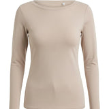 graced beige long sleeve knit top with a classic boat neckline and a polished, fitted silhouette.