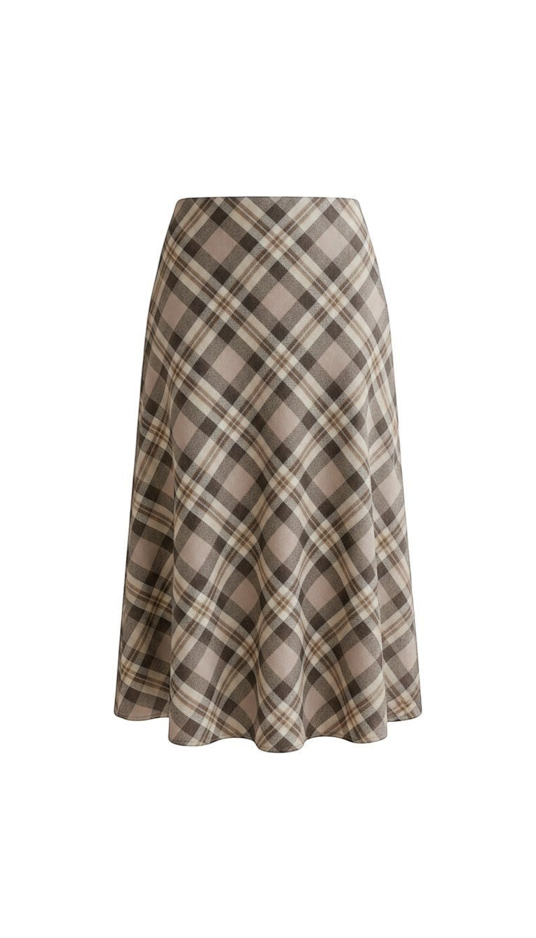 graced A-line midi skirt in a beige and brown plaid cotton-blend fabric with a classic flared silhouette