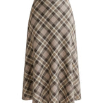 graced A-line midi skirt in a beige and brown plaid cotton-blend fabric with a classic flared silhouette