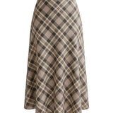 graced A-line midi skirt in a beige and brown plaid cotton-blend fabric with a classic flared silhouette
