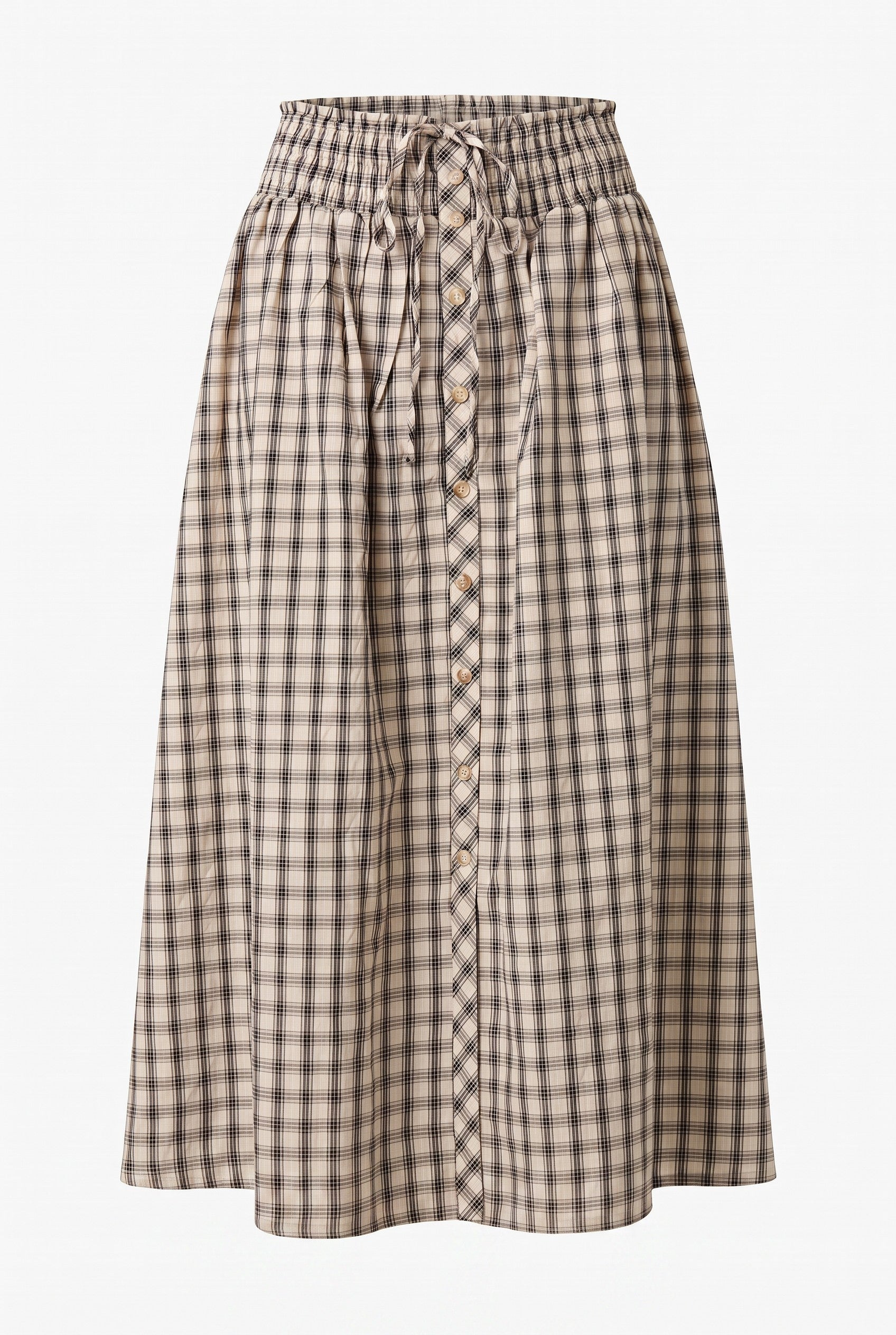 graced Beatrice midi skirt in beige plaid cotton with a smocked drawstring waist and front button-down closure