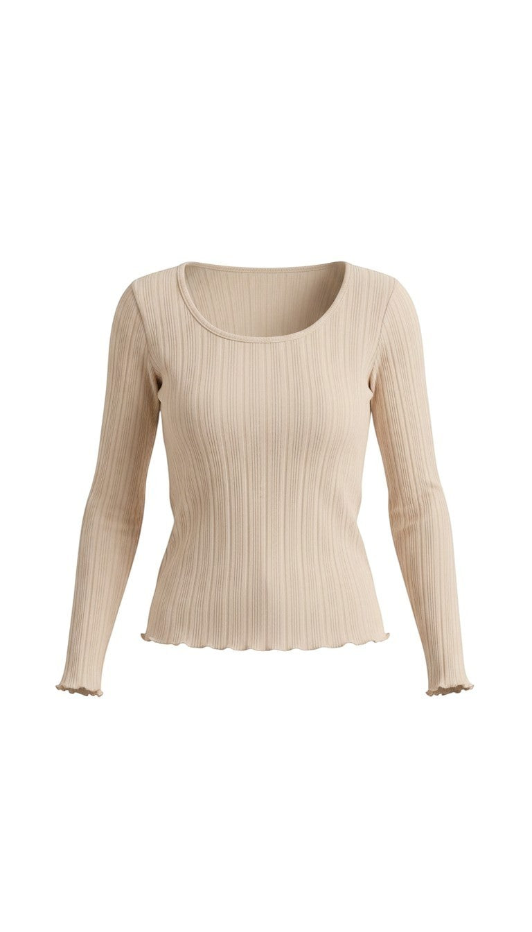 graced beige long sleeve top featuring a textured ribbed knit fabric with a scoop neckline and lettuce edge hem