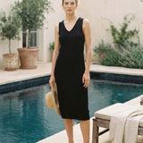 graced black 100% cotton sleeveless V-neck midi dress with 1x1 links hem detail