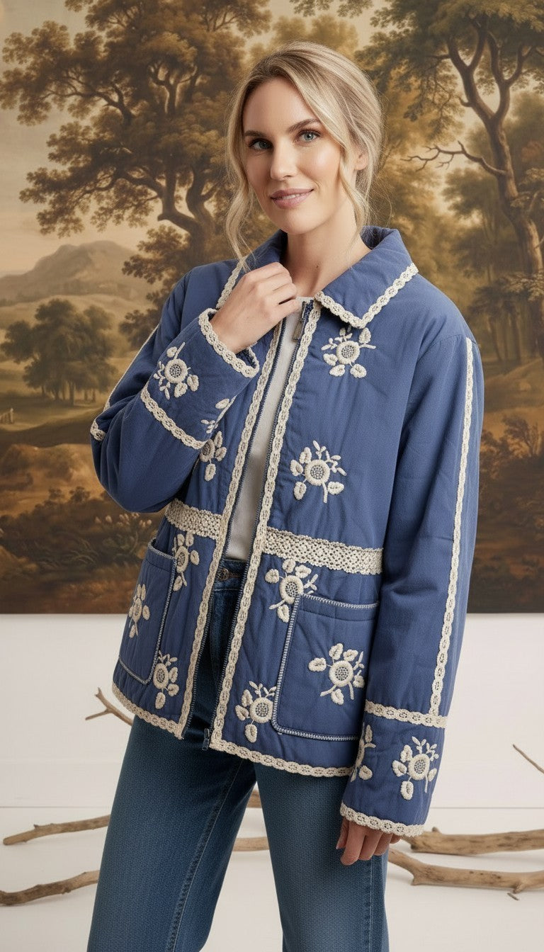 graced The Lea blue cotton jacket featuring white floral embroidery and lace trim worn by a model