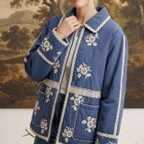 graced The Lea blue cotton jacket featuring white floral embroidery and lace trim worn by a model