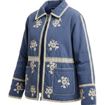 graced The Lea blue cotton jacket with white floral embroidery and lace trim details on a white background