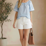 Blue embroidered raglan short sleeve blouse by Lovestitch, featuring floral embroidery and relaxed fit.