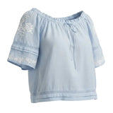 Blue embroidered raglan short sleeve top by Lovestitch, featuring floral embroidery and casual blouse design.