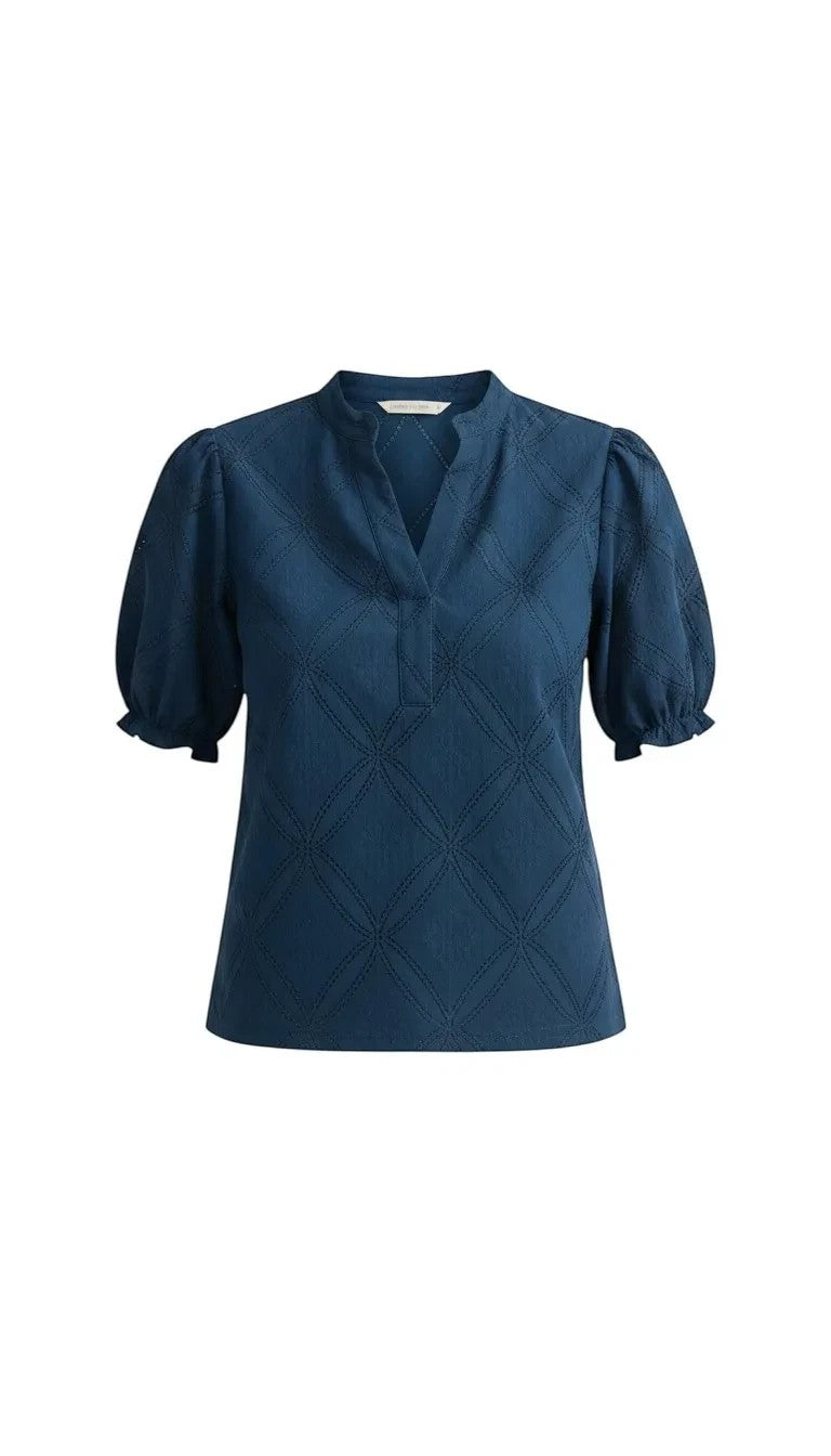 Blue puff sleeve split neck blouse by Lovestitch, featuring a stylish design with puffed sleeves and a split neckline.