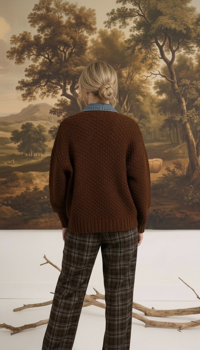 Back view of a woman wearing a graced brown cable knit jacket with denim collar detail and plaid trousers.