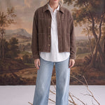 graced The Jess brown cotton corduroy jacket worn over a white shirt and light wash jeans