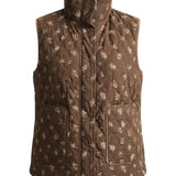 graced The Teagan Quilted Vest in brown with a delicate floral pattern, featuring a high collar and snap buttons.