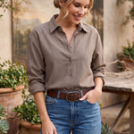 graced On Duty Gingham Button Up Top in brown micro-check pattern with a relaxed fit and long sleeves