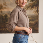 graced On Duty Gingham Button Up Top in brown micro-gingham pattern with long sleeves and a relaxed fit