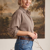 graced On Duty Gingham Button Up Top in brown micro-gingham pattern with long sleeves and a relaxed fit