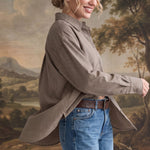 graced On Duty Gingham Button Up Top in brown micro-check worn with blue jeans, featuring a relaxed fit and collar.