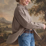 graced On Duty Gingham Button Up Top in brown micro-check worn with blue jeans, featuring a relaxed fit and collar.