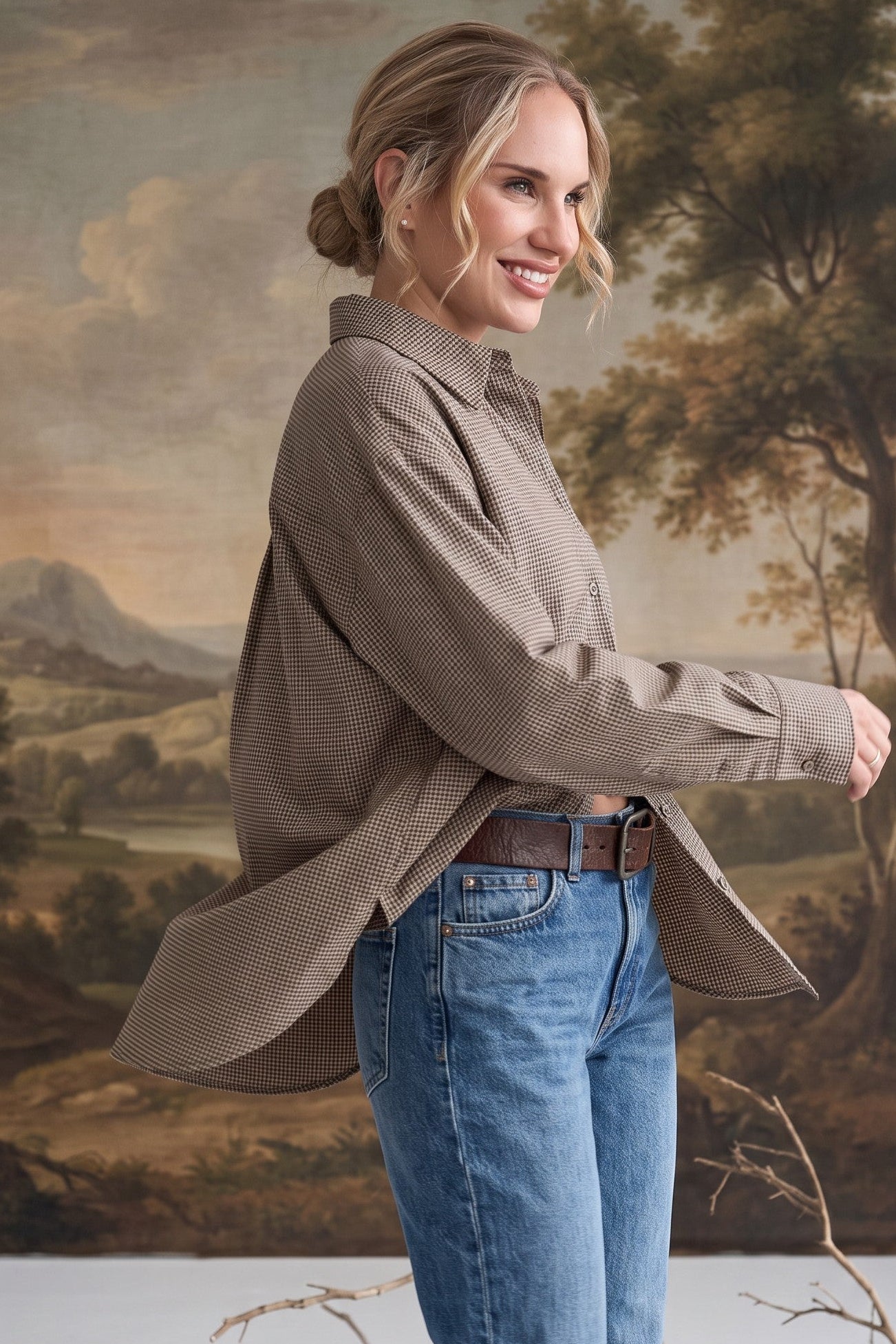 graced On Duty Gingham Button Up Top in brown micro-check worn with blue jeans, featuring a relaxed fit and collar.