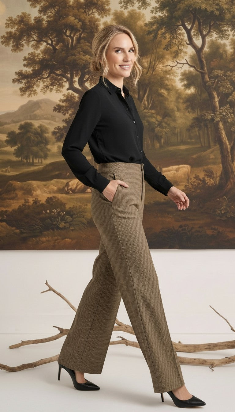 A woman wearing graced houndstooth knit straight pants in brown paired with a black blouse in a studio setting.