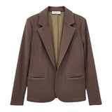 graced brown knit blazer jacket with a notched lapel and textured fabric for a polished office look