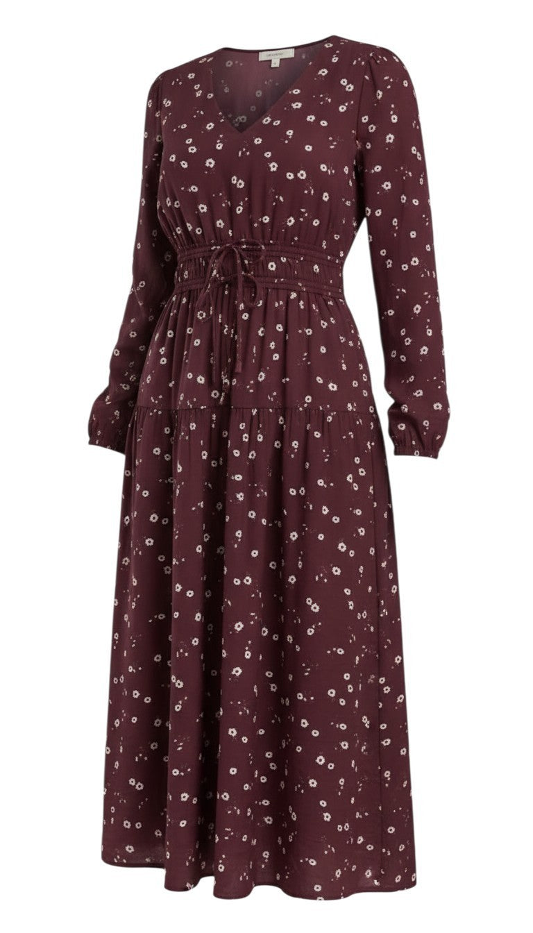 graced Audrey midi dress in burgundy with white floral print, featuring long sleeves, v-neck, and drawstring waist.