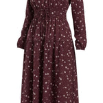 graced Audrey midi dress in burgundy with white floral print, featuring long sleeves, v-neck, and drawstring waist.