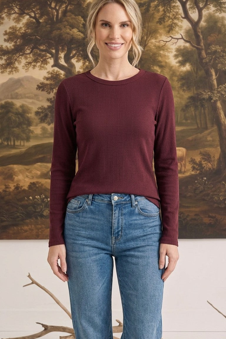 graced Basic Baby ribbed long sleeve top in deep burgundy worn by a woman with blue jeans