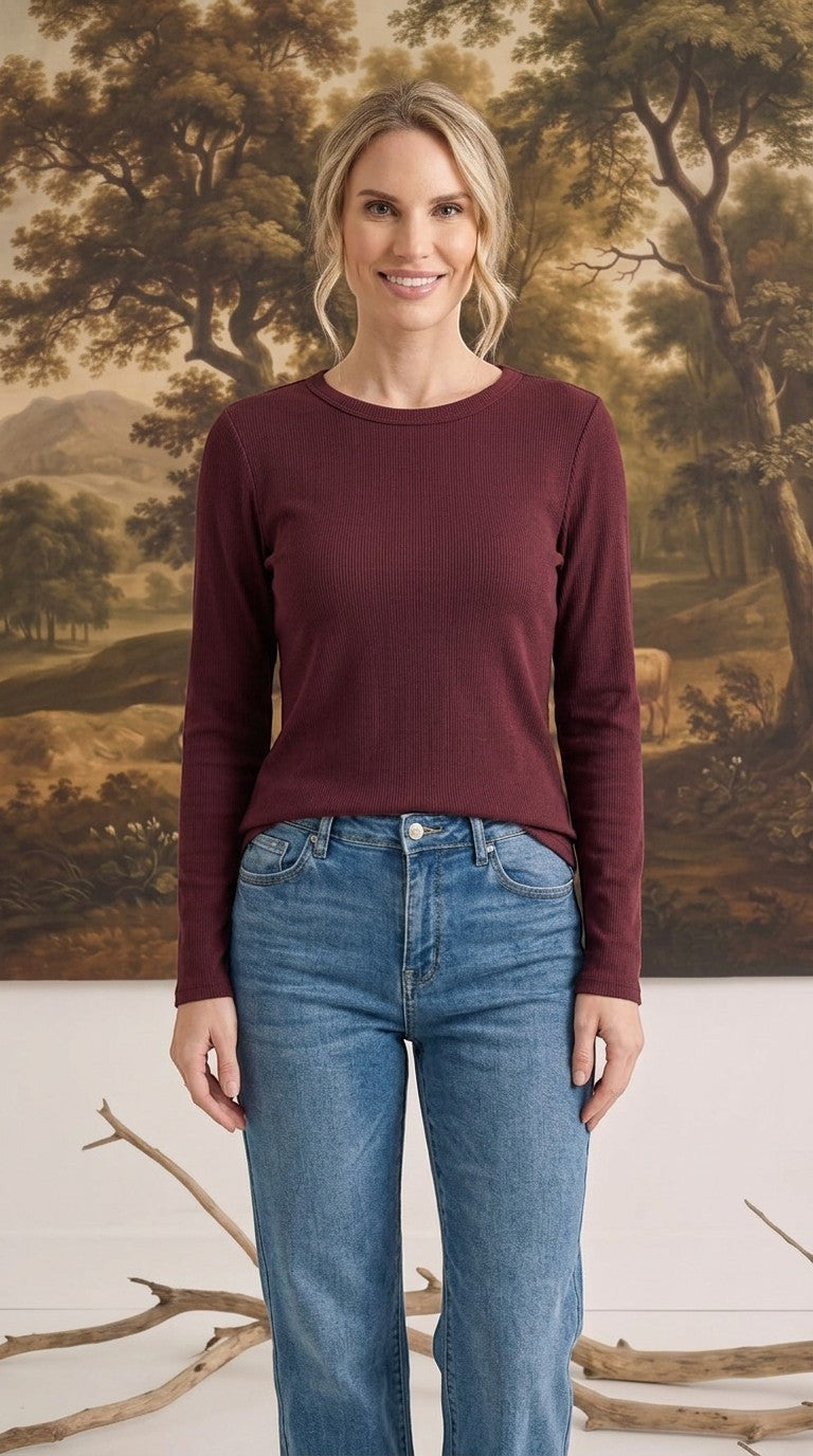 graced Basic Baby ribbed long sleeve top in deep burgundy worn by a woman with blue jeans