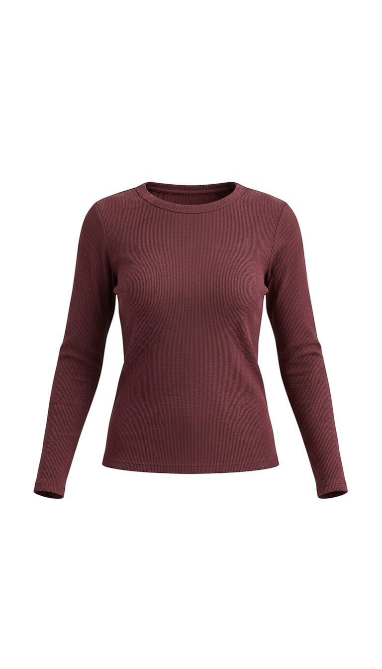 graced Basic Baby long sleeve top in deep burgundy ribbed knit fabric with a fitted crew neck silhouette