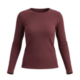 graced Basic Baby long sleeve top in deep burgundy ribbed knit fabric with a fitted crew neck silhouette