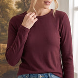 graced Basic Baby ribbed long sleeve top in deep burgundy worn by a woman with blonde hair styled in an updo