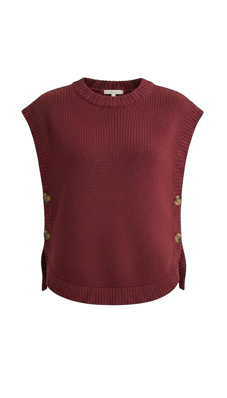 Burgundy crew neck sweater vest by in february, knit tops with a classic fit and ribbed neckline, displayed on a plain background