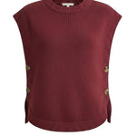Burgundy crew neck sweater vest by in february, knit tops with a classic fit and ribbed neckline, displayed on a plain background
