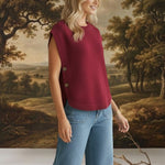 Burgundy crew neck sweater vest from in February, a stylish knit top with a classic fit and ribbed details.