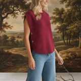 Burgundy crew neck sweater vest from in February, a stylish knit top with a classic fit and ribbed details.