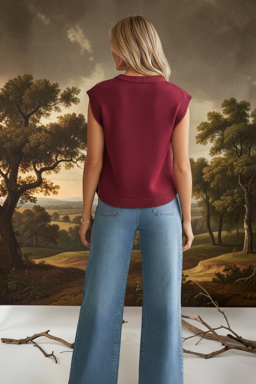 In February burgundy knit crew neck sweater vest, casual tops for men or women, featuring a classic sleeveless design.
