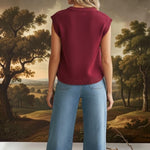 In February burgundy knit crew neck sweater vest, casual tops for men or women, featuring a classic sleeveless design.