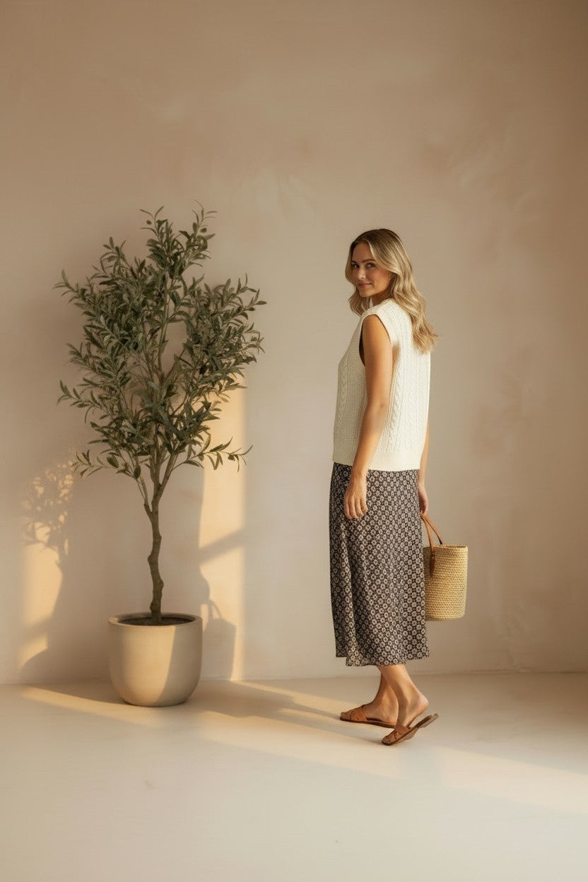 Model wearing a cream graced cable knit sweater vest with a patterned midi skirt and straw bag in a sunlit room.