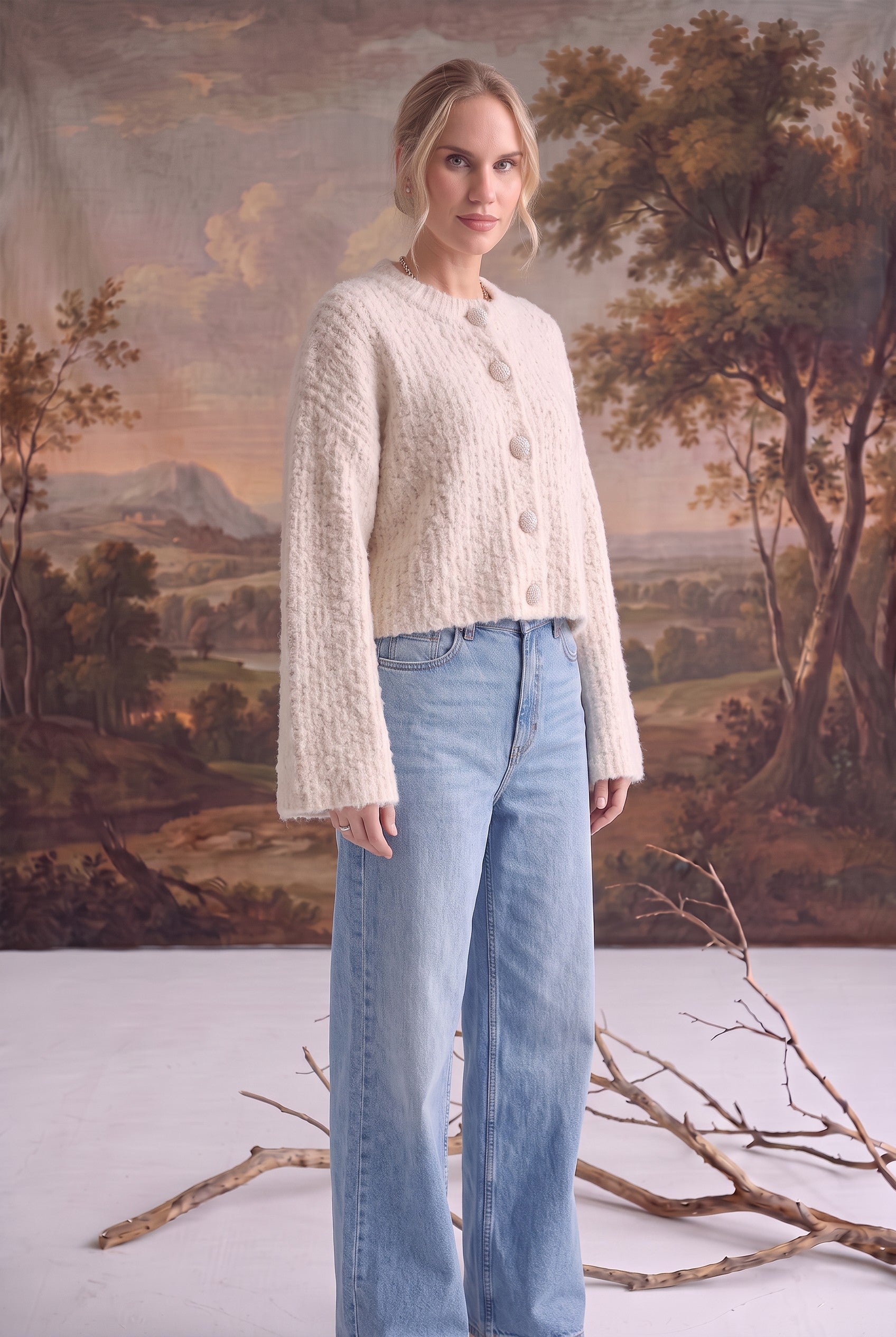 graced Callie fuzzy knit cardigan in cream with drop shoulders and button front, worn with light wash jeans