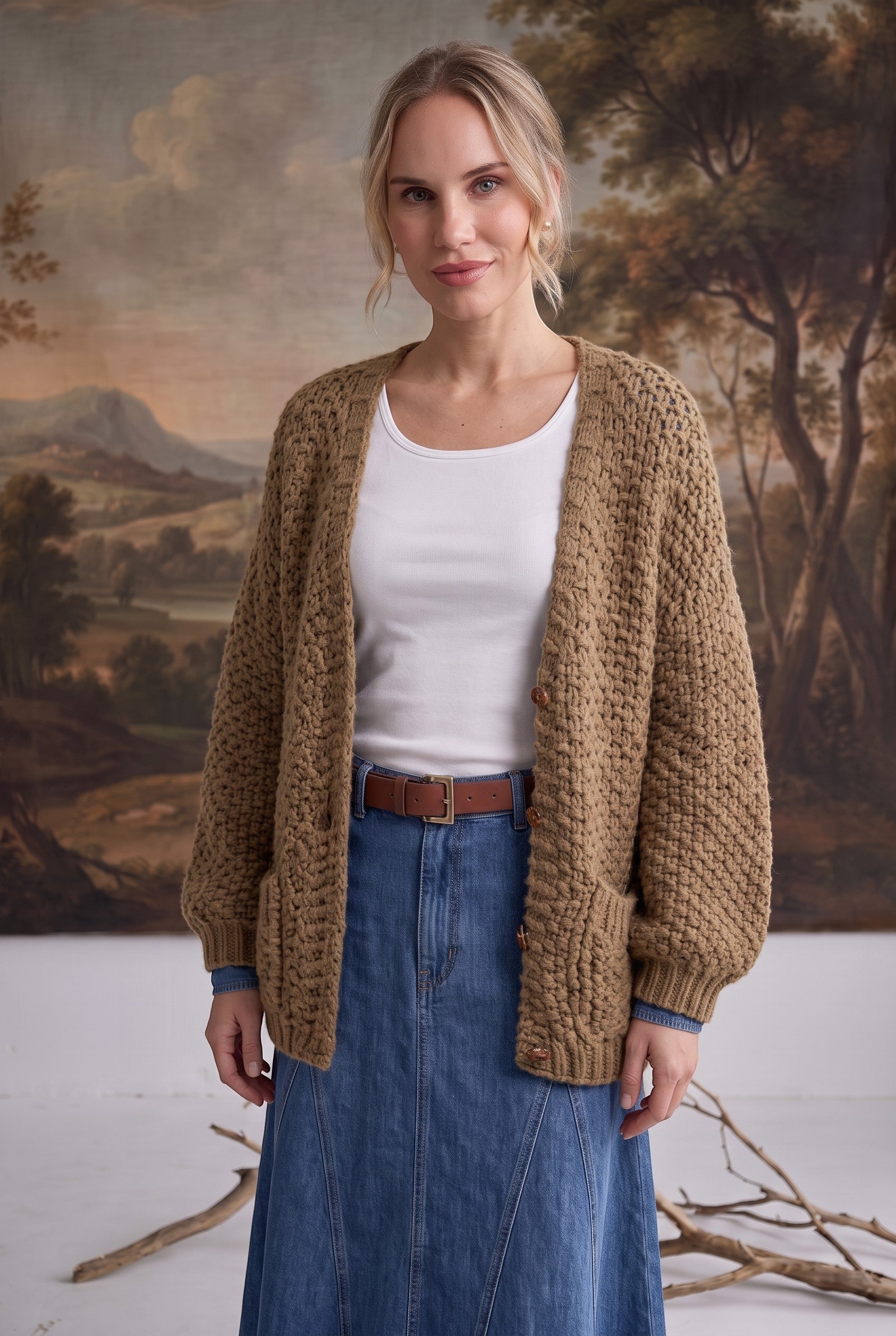 graced Chloe chunky knit olive cardigan worn by a model over a white top and denim skirt