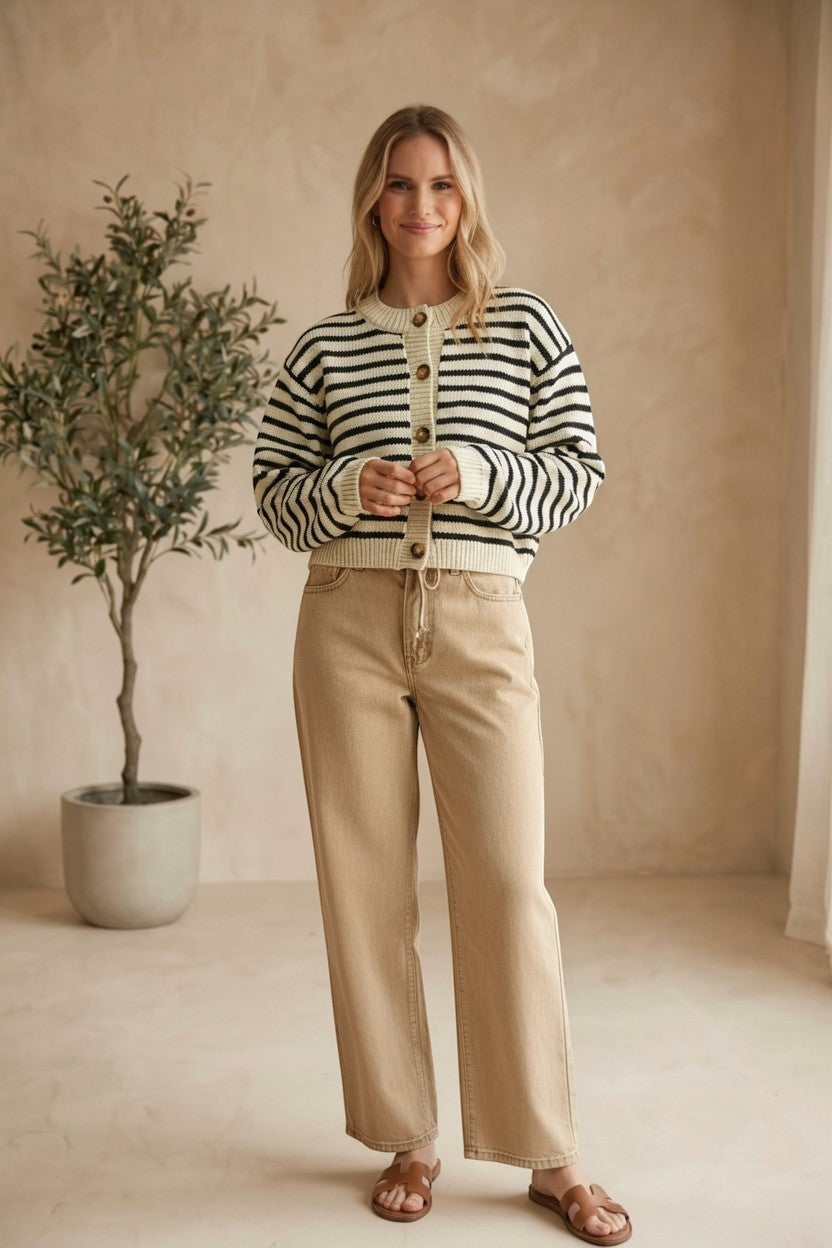 Navy chunky knit striped cardigan by Miou Muse, featuring a cozy, thick sweater with horizontal blue and white stripes.