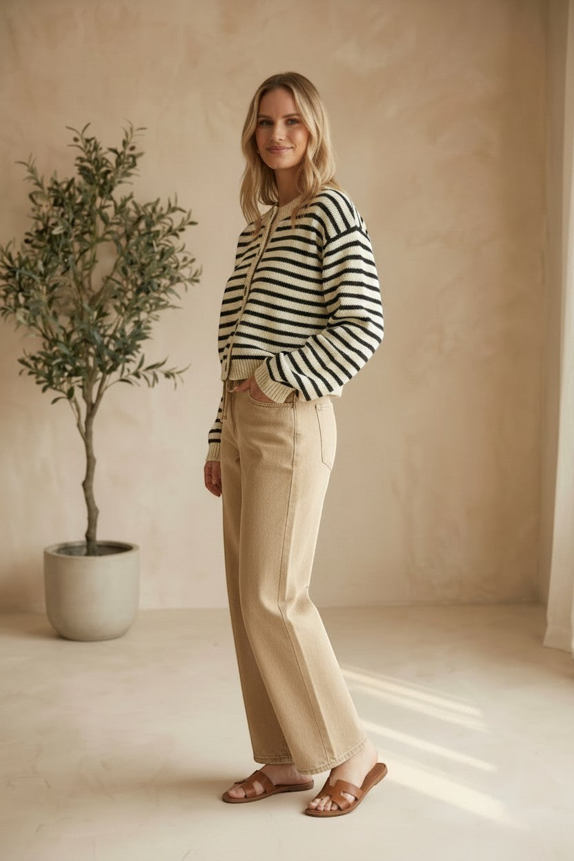Navy chunky knit striped cardigan from Miou Muse, featuring cozy textured fabric and a relaxed fit, ideal for casual wear.